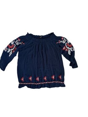 Hannah Navy Smocked Neckline Peasant Top